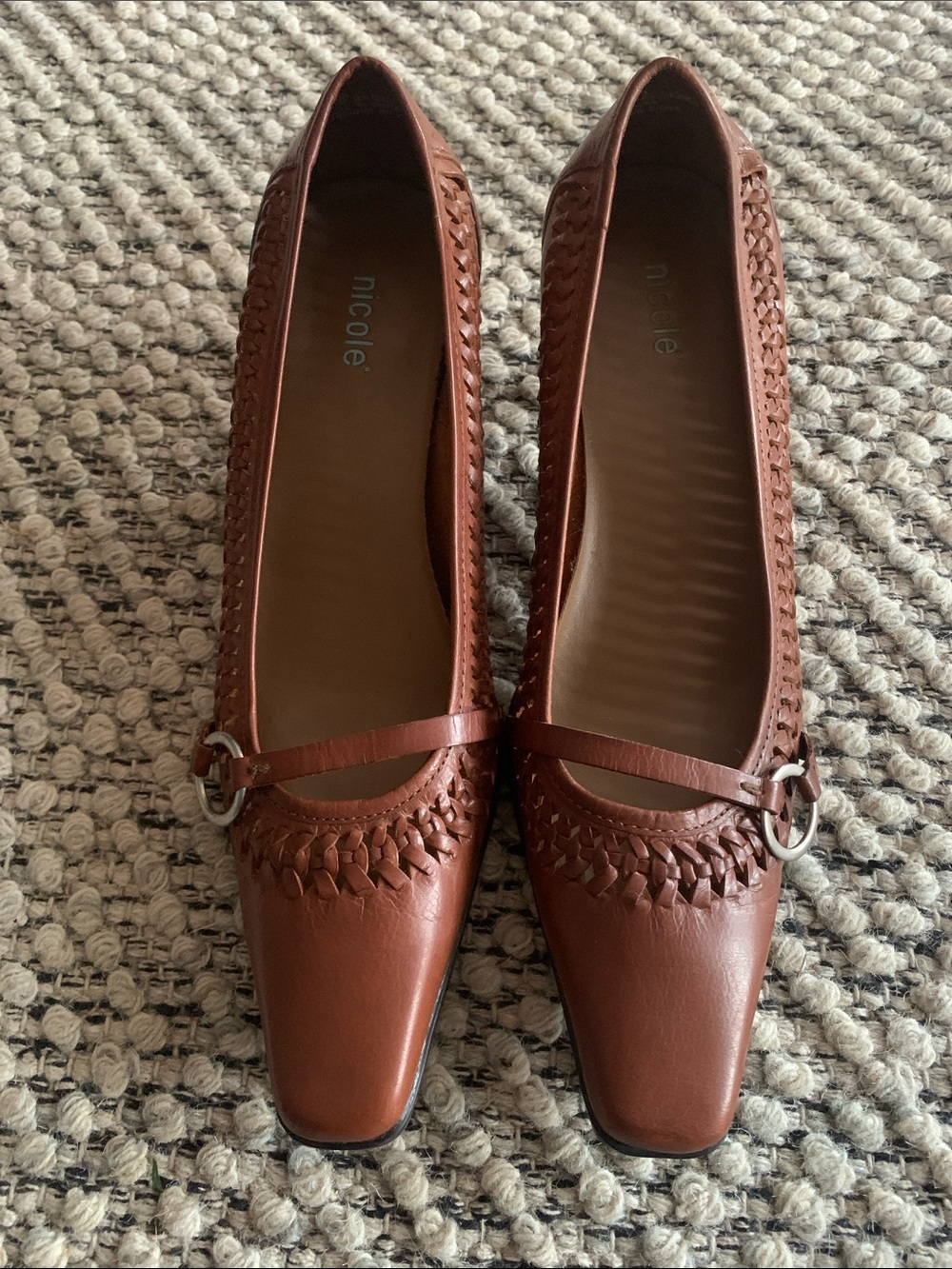 Vintage Nicole Woven Leather Kitten Heels Brown Square Toe - Size 9 (Tag 9.5)